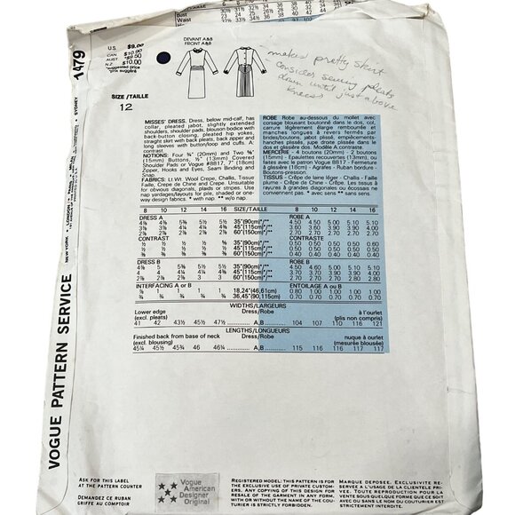 Vogue Patterns 1479 Albert Nipon American Designer Dress Sewing Pattern Size 12 - Picture 2 of 2